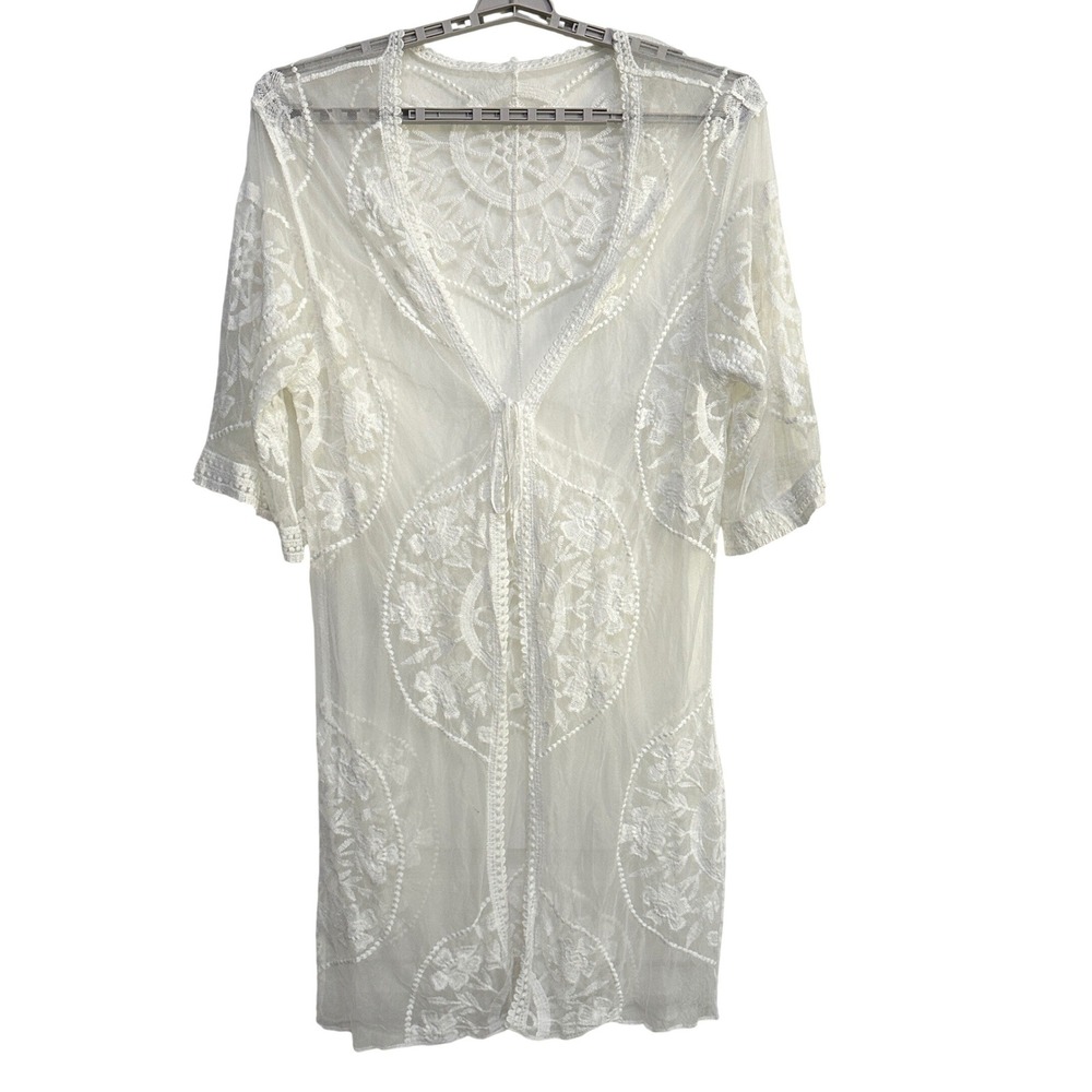 White Mesh Floral Embroidered Cardigan Cover Up Kimono Women OS Boho‎ Festival